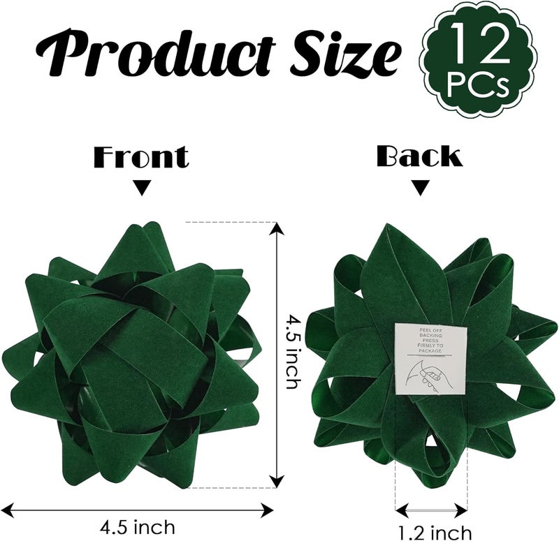 LiBongTa 4.5 Inch Green Velvet Ribbon Gift Bow Decorative Bows, Premade Christmas Bows for Gift Wrapping Self Adhesive, Wrapping Bows for Presents, Party Favor, Holiday, Wedding, Birthday-12 Counts - Image 2